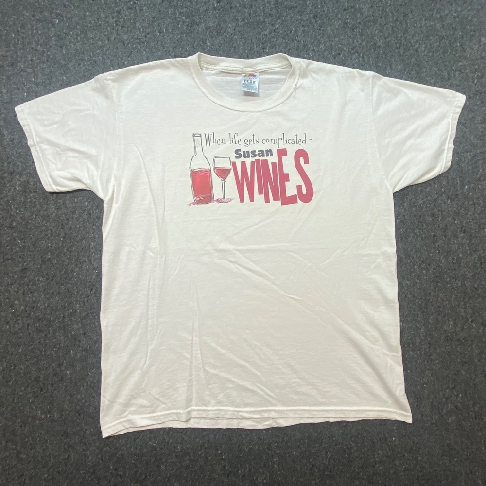 Graphic Tee L Mens White Ironic Wine Humor Susan Wines Cotton Blend T-Shirt